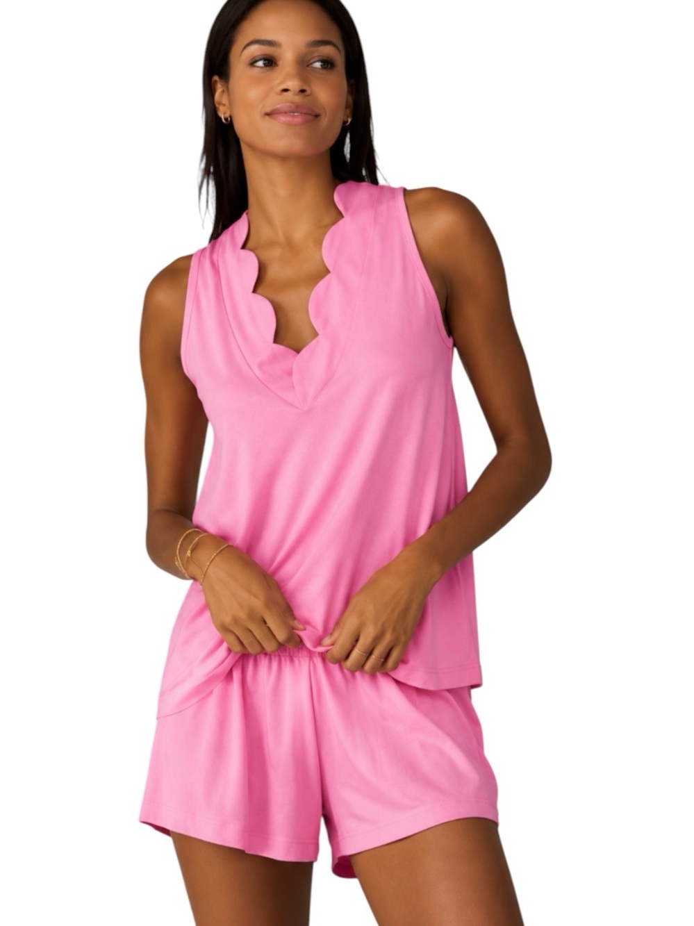 LAKE Pima Cotton Scallop Pajama Shorts Set Pink Size S